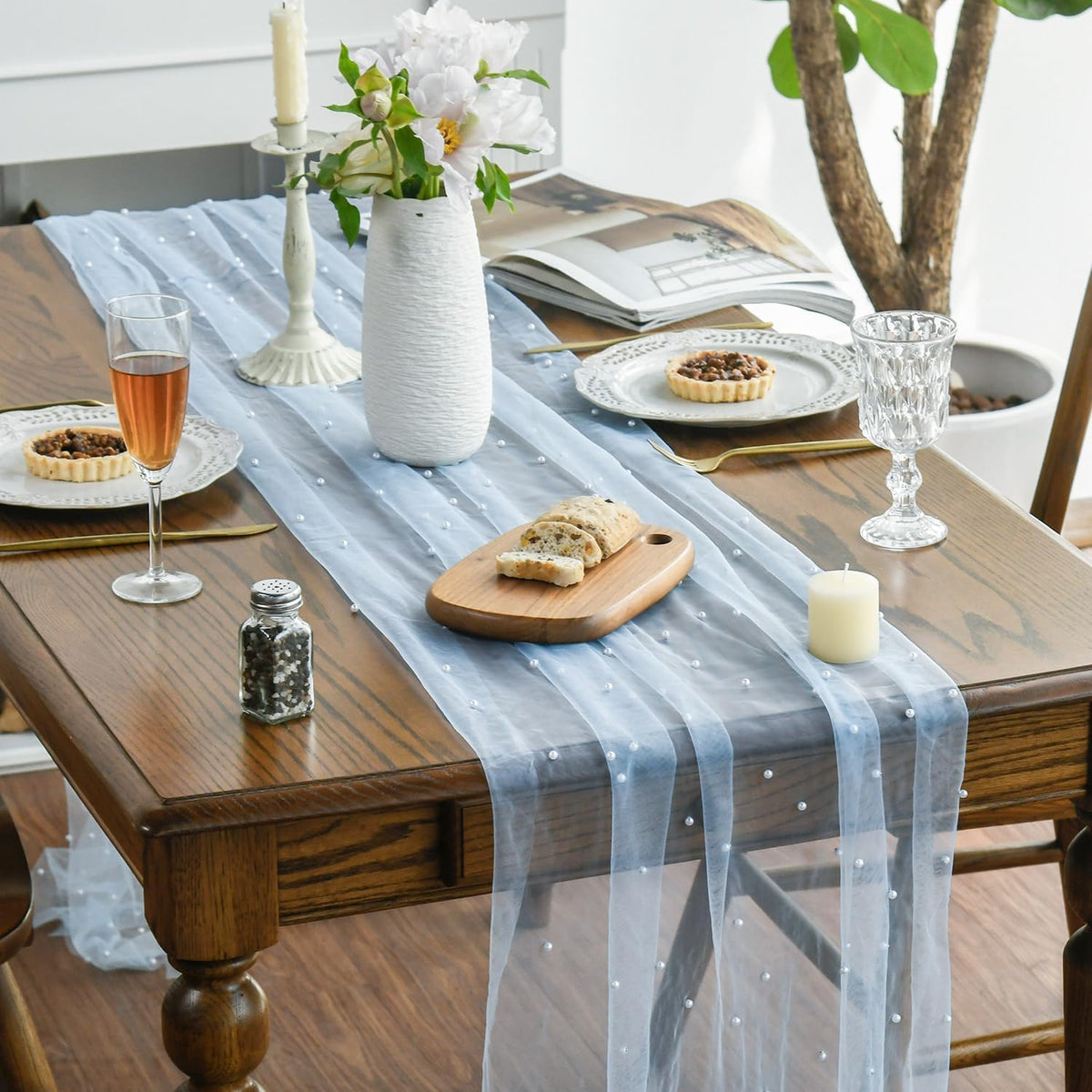 Artoid Mode pearl blue gauze table runner setup on dining table highlights subtle shimmer