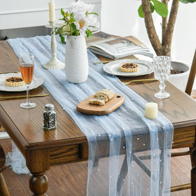 Artoid Mode pearl blue gauze table runner setup on dining table highlights subtle shimmer