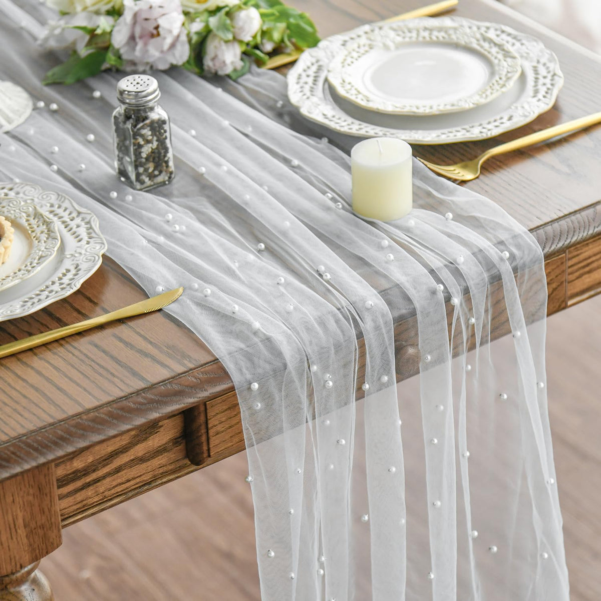Artoid Mode pearl gauze table runner closeup weave adds subtle texture and elegance