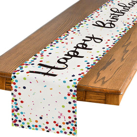 Artoid Mode polka dot beige Happy Birthday runner on festive dining table for celebrations