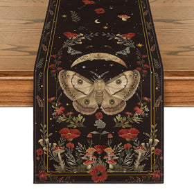 Artoid Mode Poppy Moth Mushroom Moon Fall table runner enhances autumn dining ambiance.