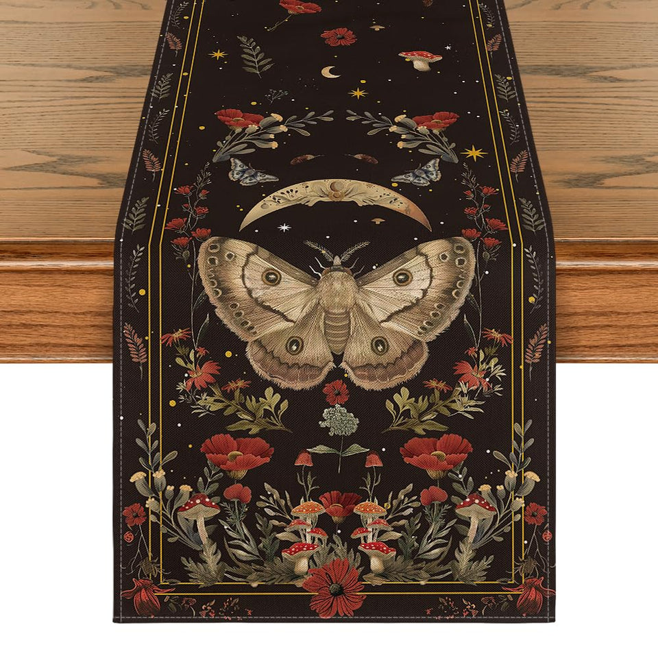 Artoid Mode Poppy Moth Mushroom Moon Fall table runner enhances autumn dining ambiance.