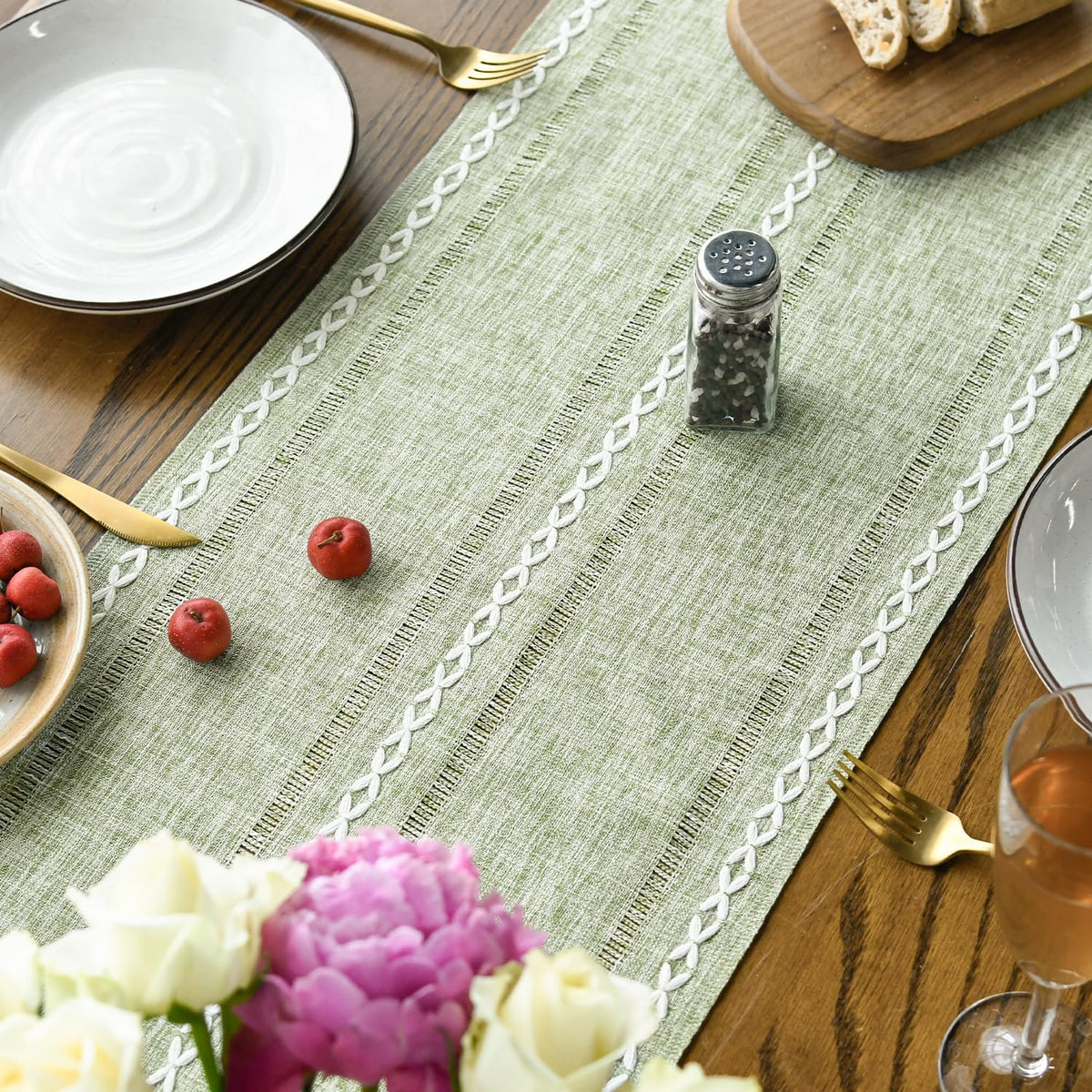 Artoid Mode Sage Green runner displayed on a dining table setup