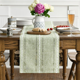 Artoid Mode sage green table runner hollow-out design adds decorative texture.