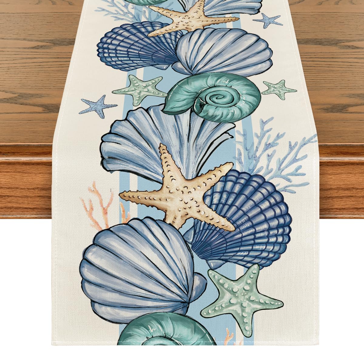 Artoid Mode Sea Shell Starfish table runner, front view, bright color for festive dining.