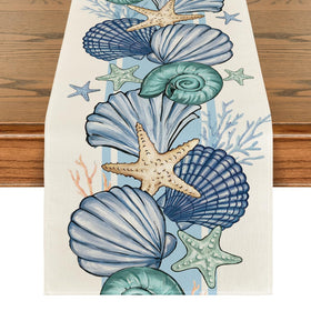 Artoid Mode Sea Shell Starfish table runner, front view, bright color for festive dining.