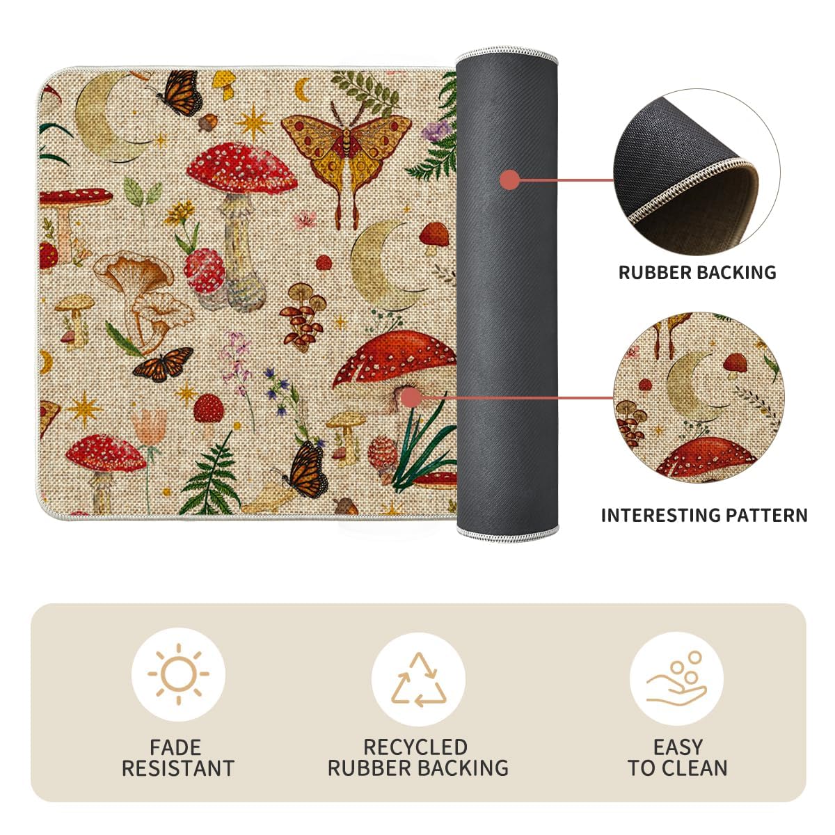 Artoid Mode Mushrooms Butterfly Spring stain-resistant mat cleans easily after use.