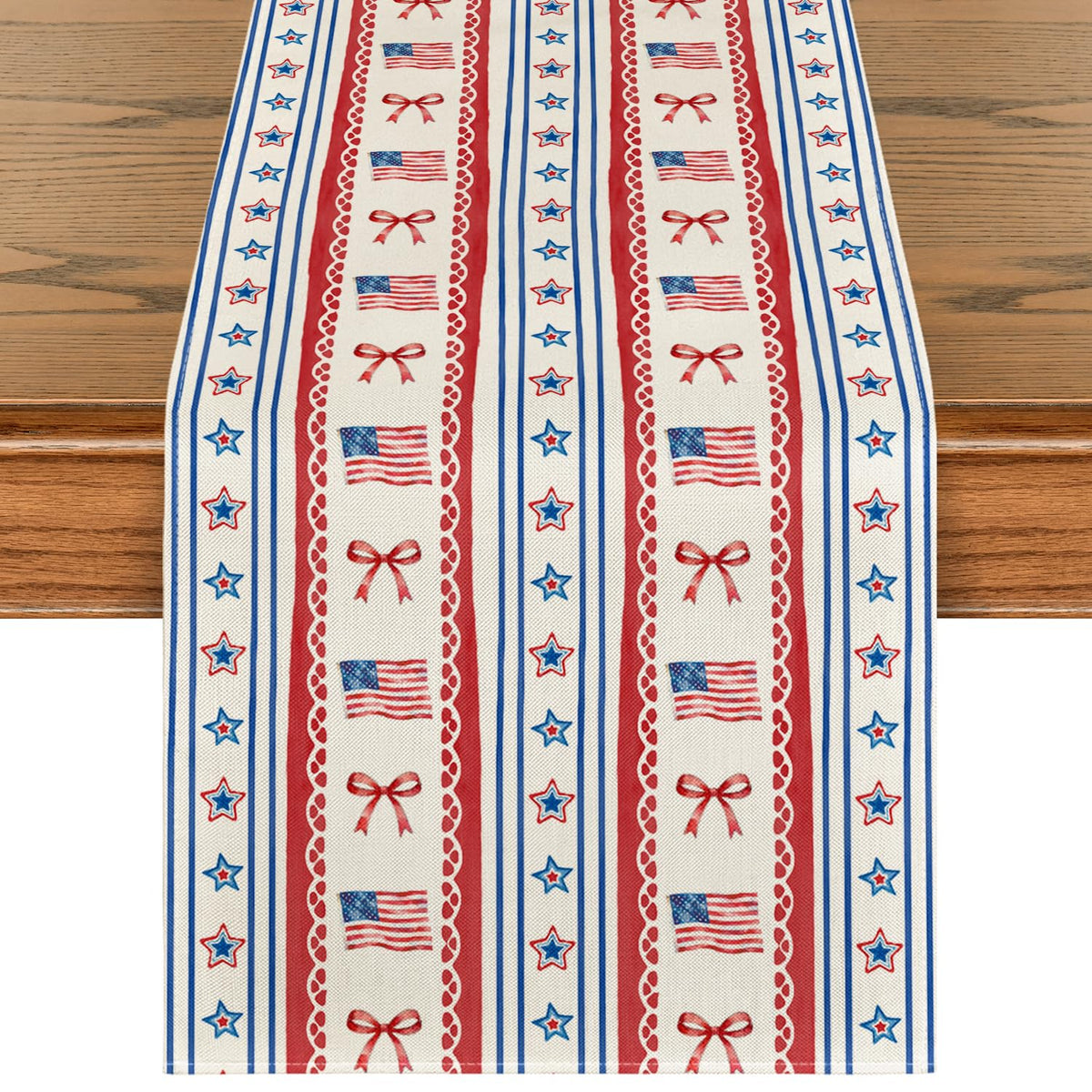 Artoid Mode star striped bow table runner front view enhances patriotic table setup