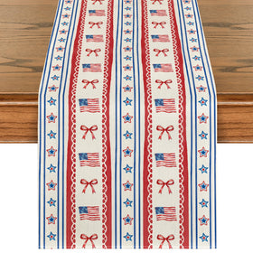 Artoid Mode star striped bow table runner front view enhances patriotic table setup
