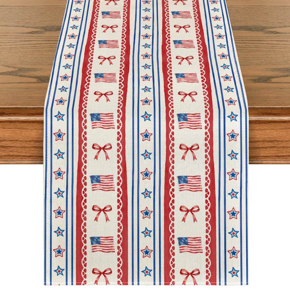 Artoid Mode star striped bow table runner front view enhances patriotic table setup