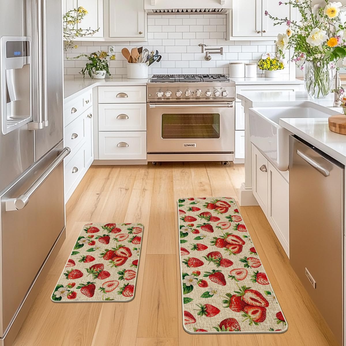 Artoid Mode Strawberry Spring 17x47 kitchen mat for large spaces with style.