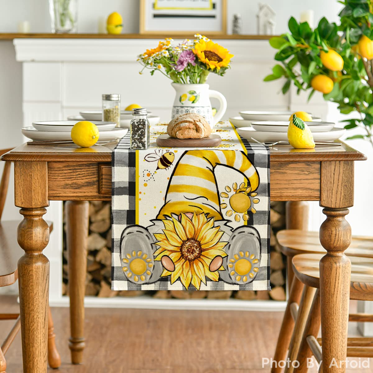 Artoid Mode sunflower gnomes dining setup with colorful, easy-care runner