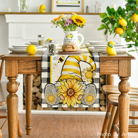 Artoid Mode sunflower gnomes dining setup with colorful, easy-care runner