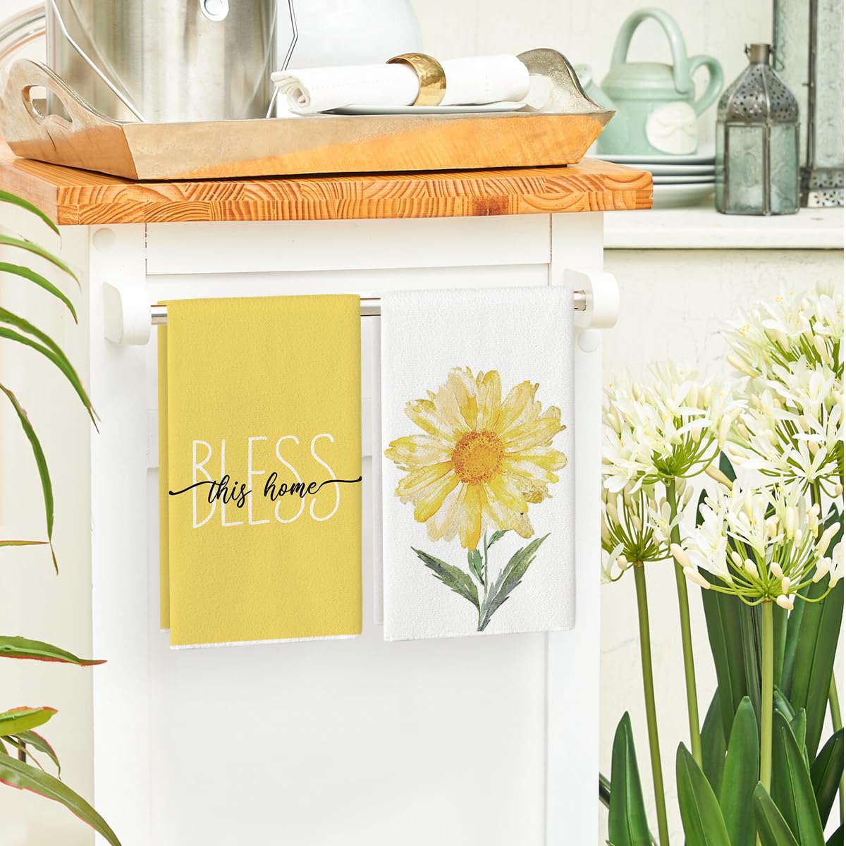 Artoid Mode towel on rack in a sunlit kitchen suggests seasonal decor potential.