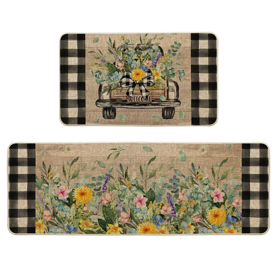 Artoid Mode Truck Flowers 17x29 kitchen mat, non-slip backing for safer floors.
