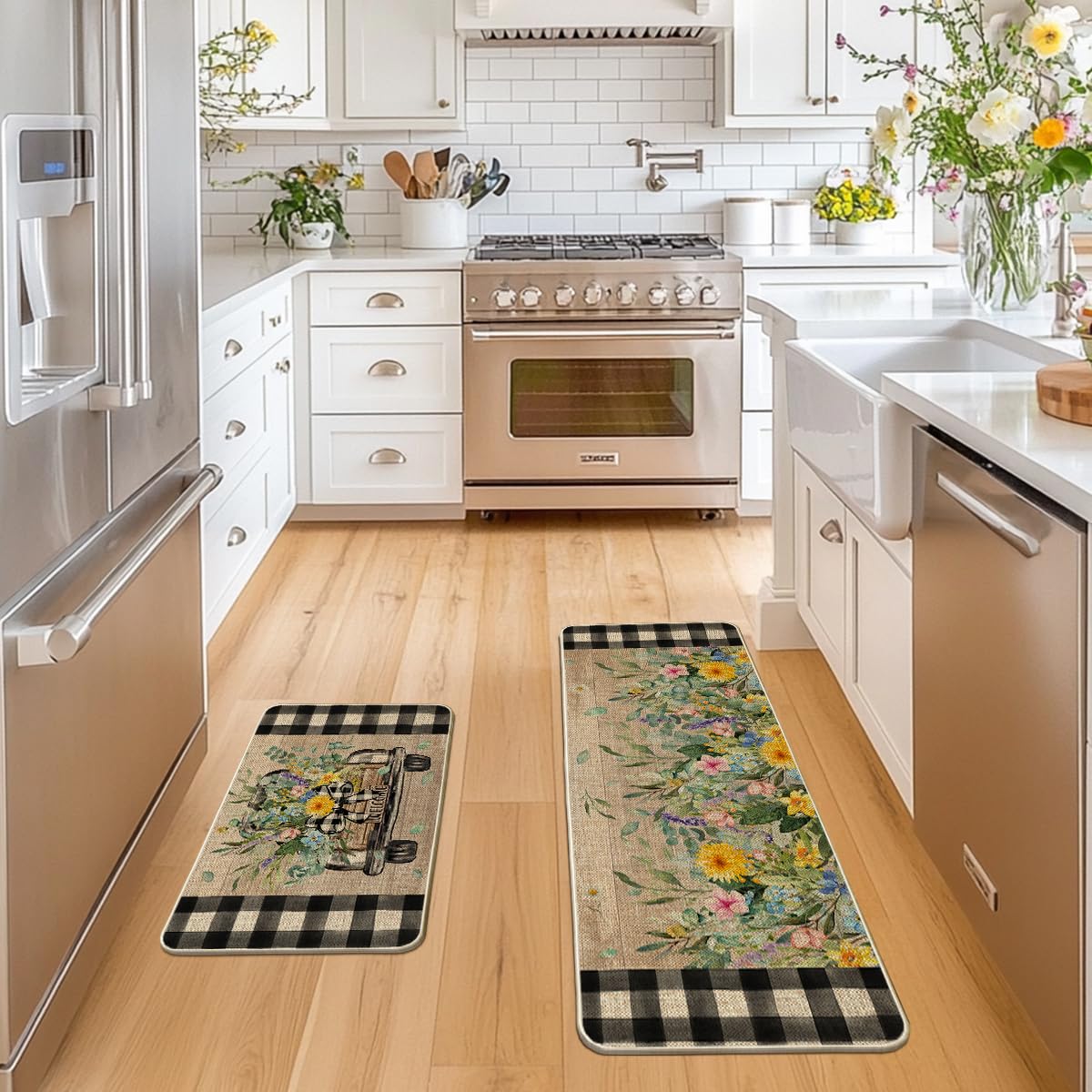 Artoid Mode Truck Flowers 17x47 kitchen mat, durable low-profile design and floor protection.