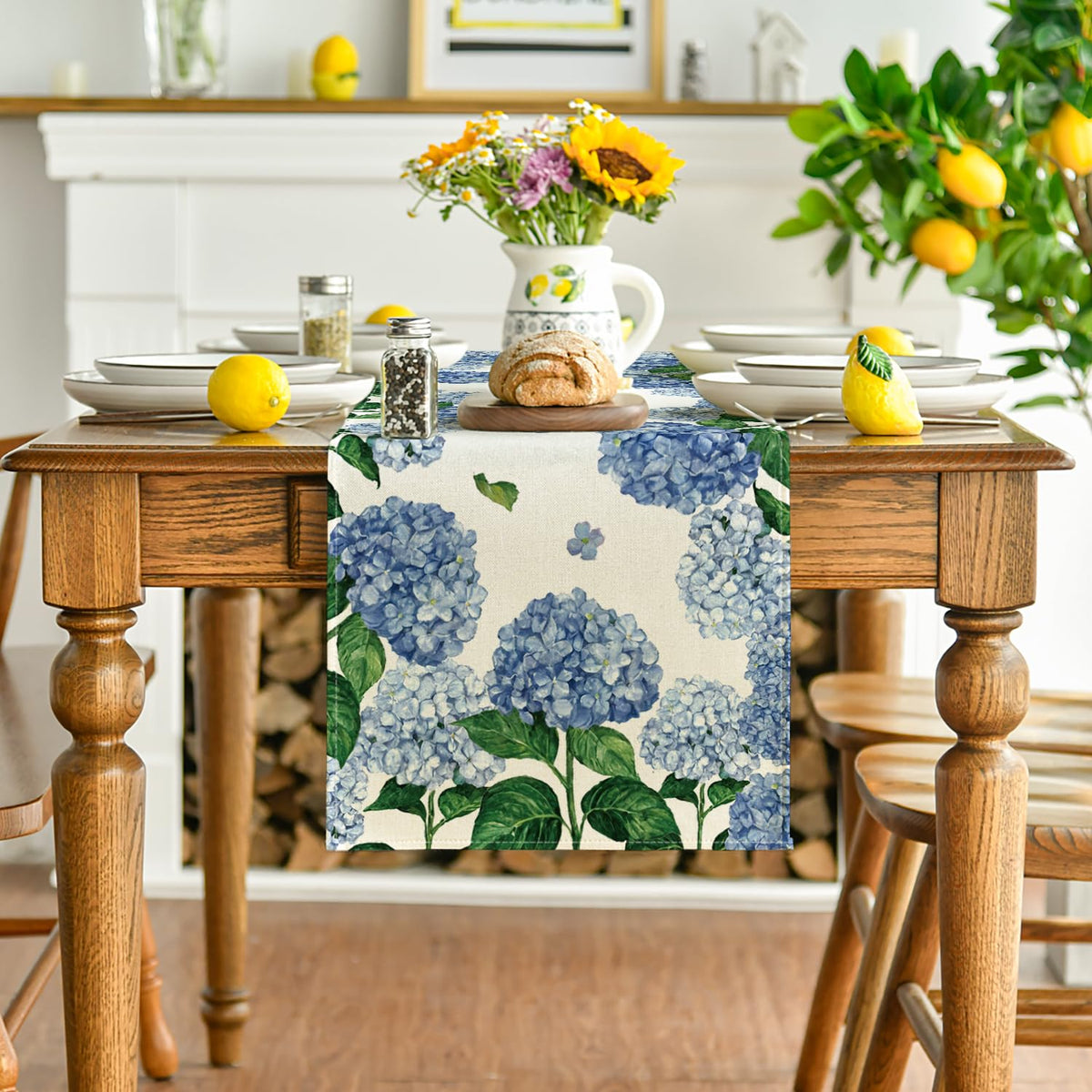 Artoid Mode watercolor hydrangea on dining table setting showing versatility.