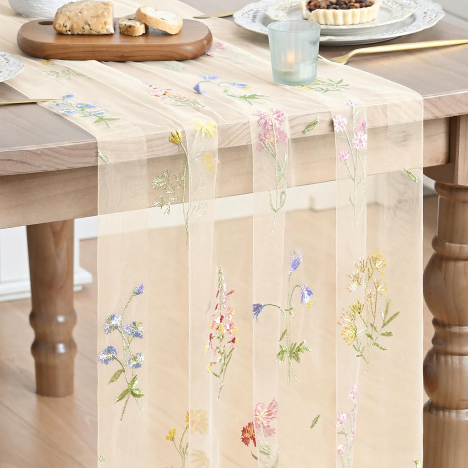 Artoid Mode wildflower table runner in beige apricot embroidery for elegant spring dining