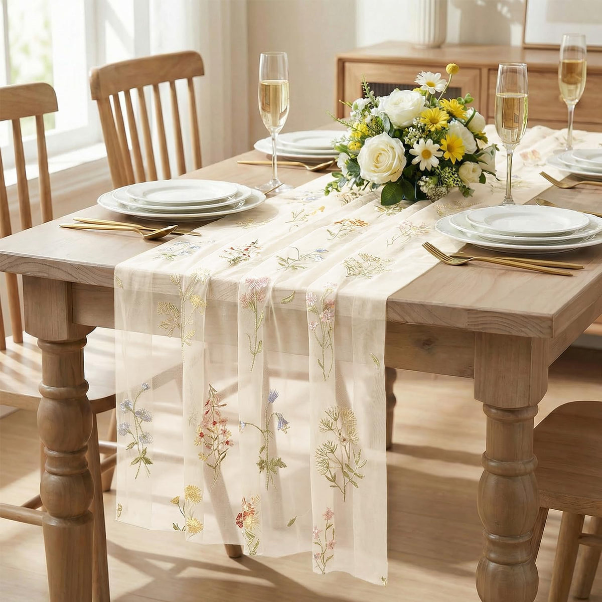 Closeup of Artoid Mode gauze embroidery on wildflower table runner