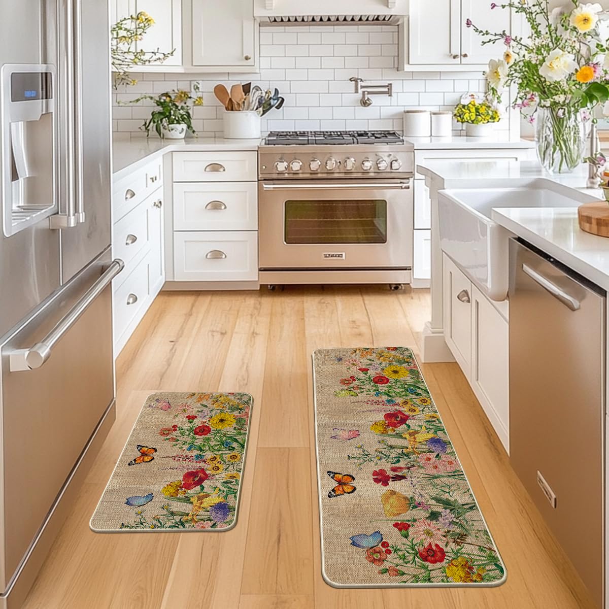 Artoid Mode Wood Flowers Butterfly mat 17x47 enhances space with decorative charm.