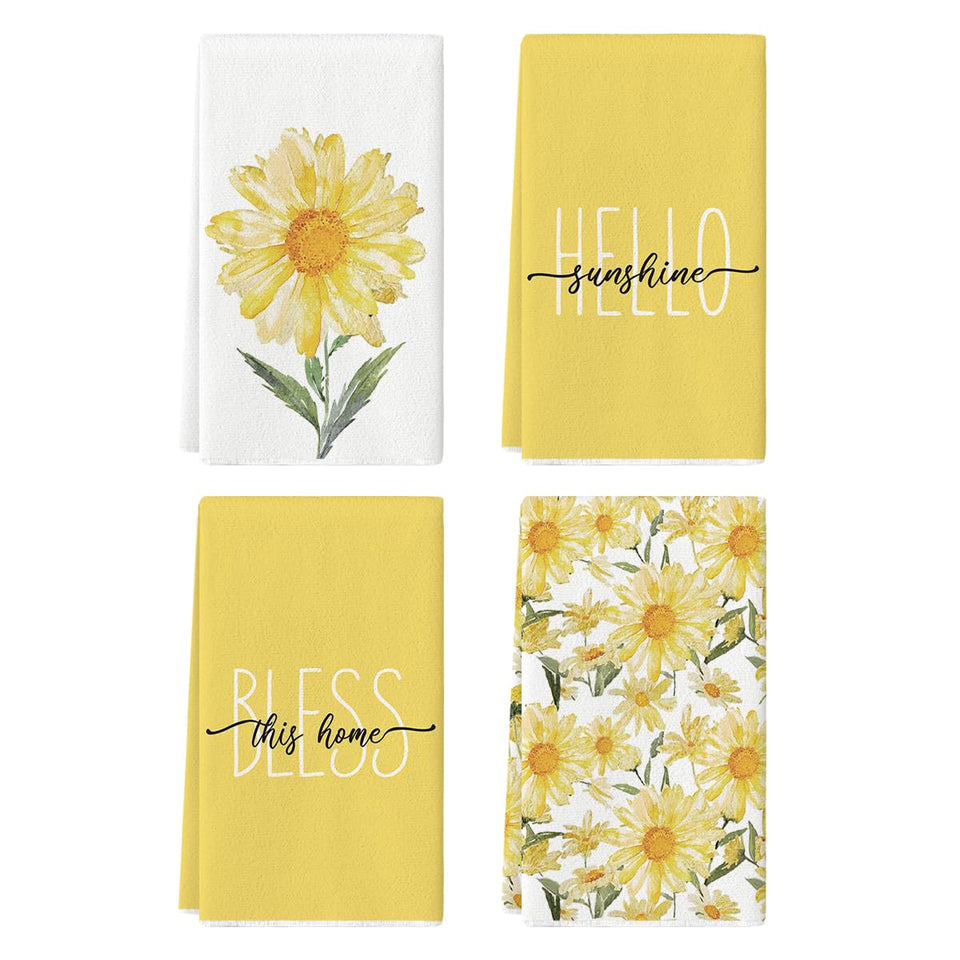 Artoid Mode Yellow Hello Sunshine Daisy towel highlights cheerful kitchen decor with a vibrant daisy pattern.