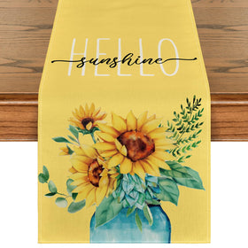 Artoid Mode Yellow Hello Sunshine runner closeup with sunflower motif for festive tables.