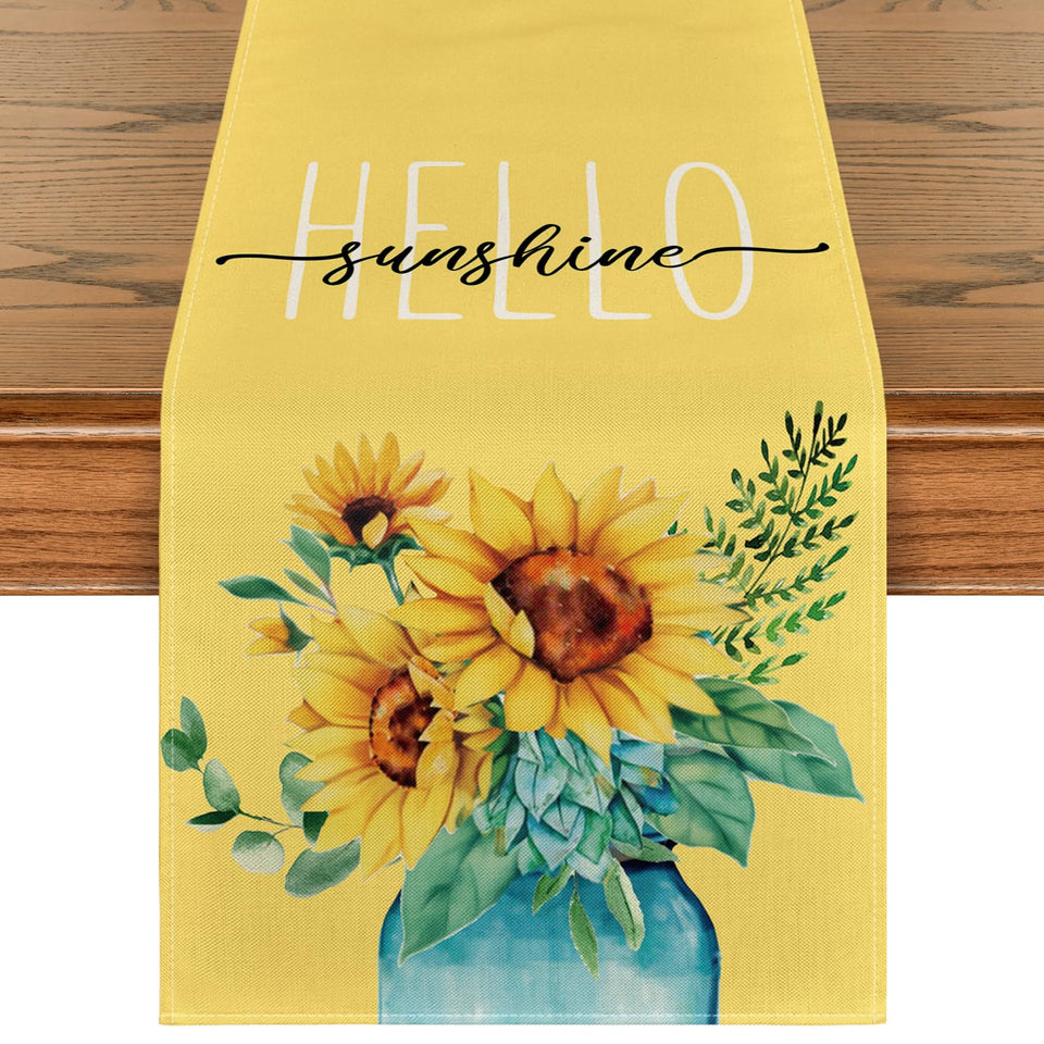 Artoid Mode Yellow Hello Sunshine runner closeup with sunflower motif for festive tables.