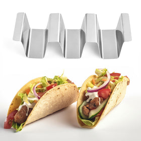 ARTTHOME stainless taco holders four-stand set keeps street tacos neatly organized.