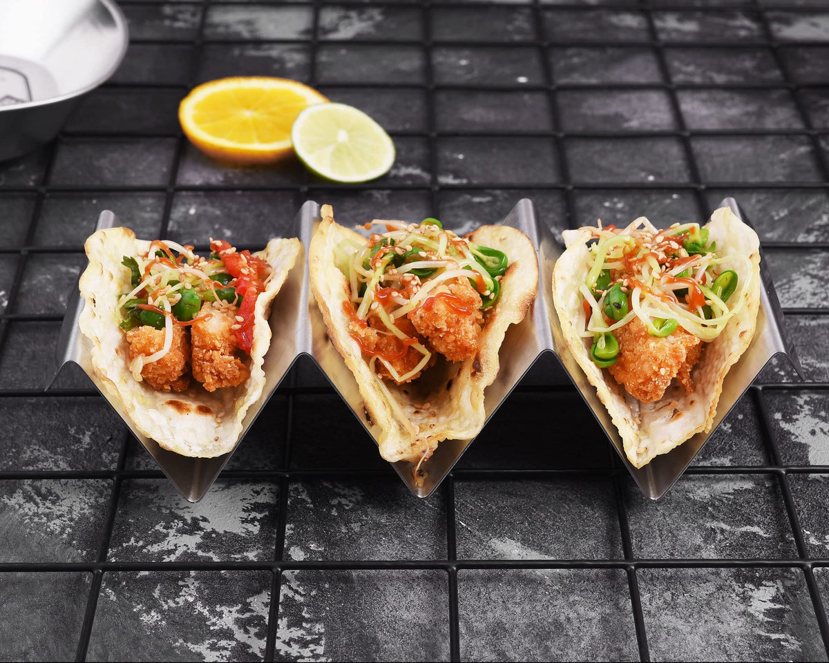 ARTTHOME taco holders keep shells neat during filling, reducing mess.