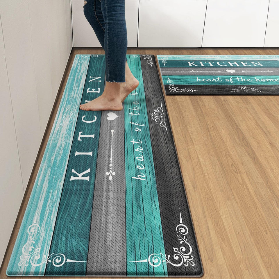 Arttown Teal Farmhouse kitchen mat set 2pc for comfortable standing