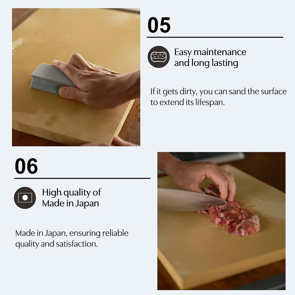Asahi Cookin Cut rubber cutting board durability closeup highlights long-lasting material.