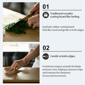 Asahi Cookin Cut rubber cutting board edge bevel enhances grip during prep.