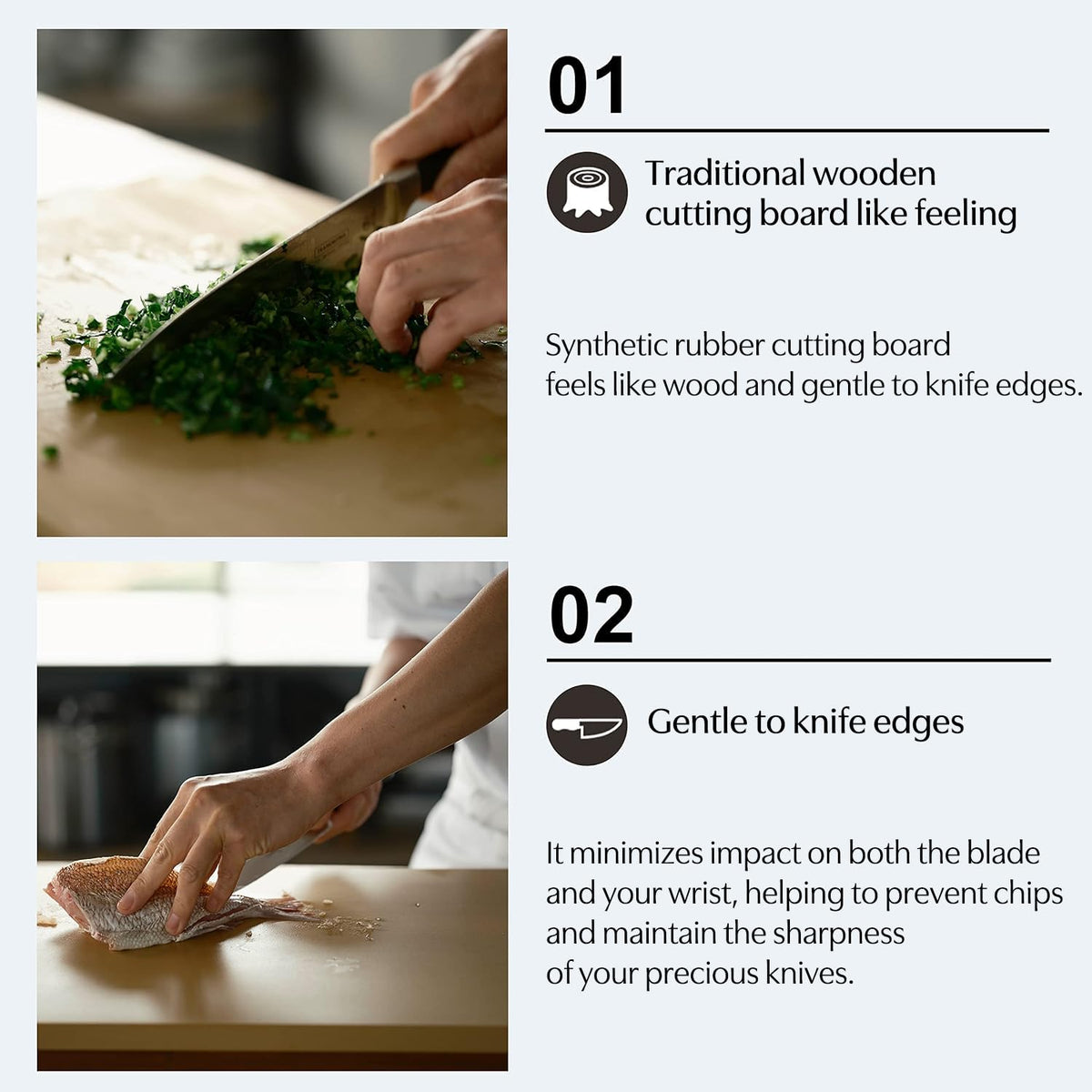 In-use image of Asahi Cookin Cut board with knife demonstrates blade-friendly rubber surface.