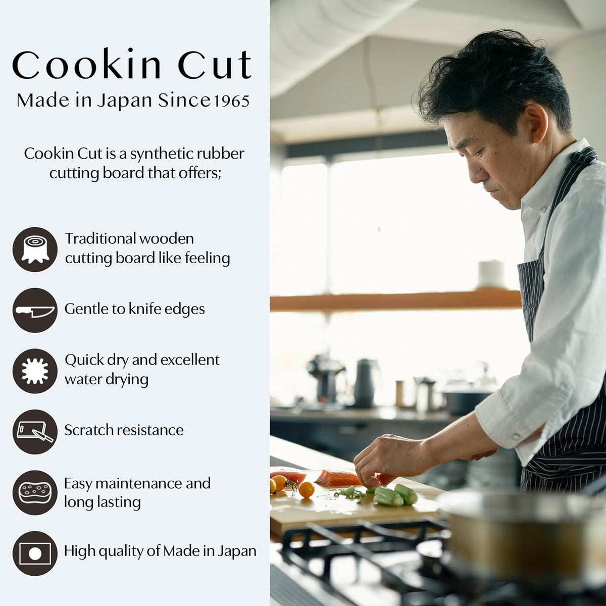 Asahi Cookin Cut rubber cutting board side profile shows slim 0.5 inch thickness for easy storage.