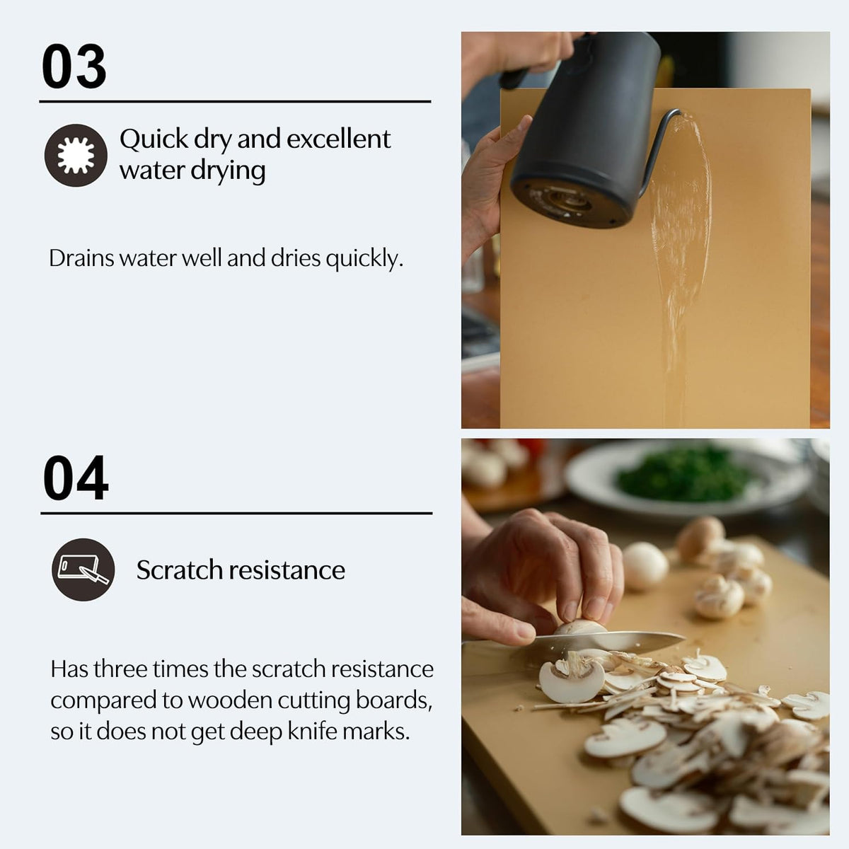 Asahi Cookin Cut rubber cutting board on wet counter, easy cleanup after chopping.