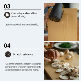 Asahi Cookin Cut rubber cutting board on wet counter, easy cleanup after chopping.