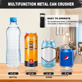 The crusher handles standard 16 oz and 12 oz cans for versatile recycling.