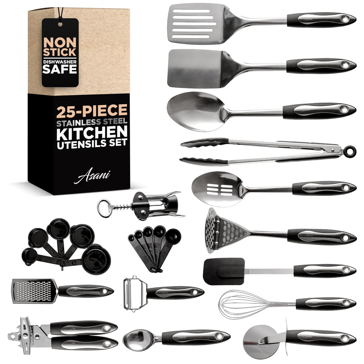 Asani 25-piece utensil set durability in stainless steel for daily cooking.