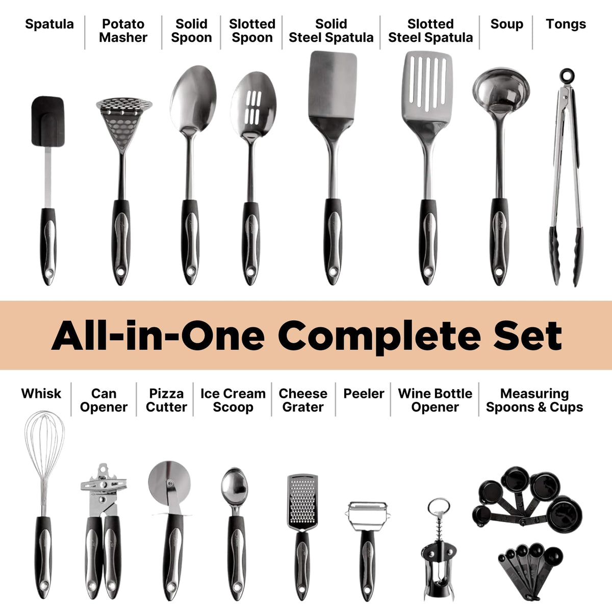 Asani solid and slotted spoons and turners for versatile cooking tasks.
