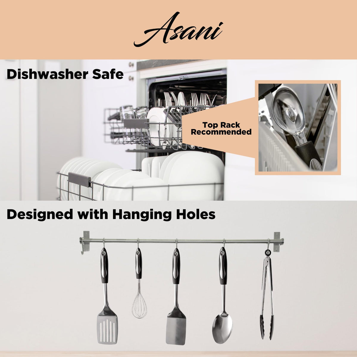 Asani stainless steel with black accents adds modern kitchen style.