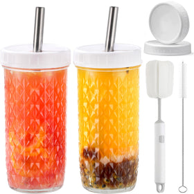 ASANMEYO 24oz glass cups with diamond texture for smoothies and cold drinks