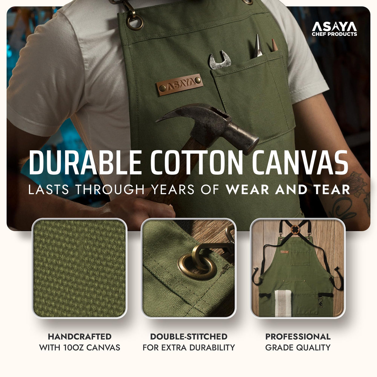 Asaya apron features bottle opener and towel for grilling convenience