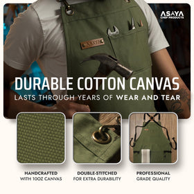 Asaya apron features bottle opener and towel for grilling convenience