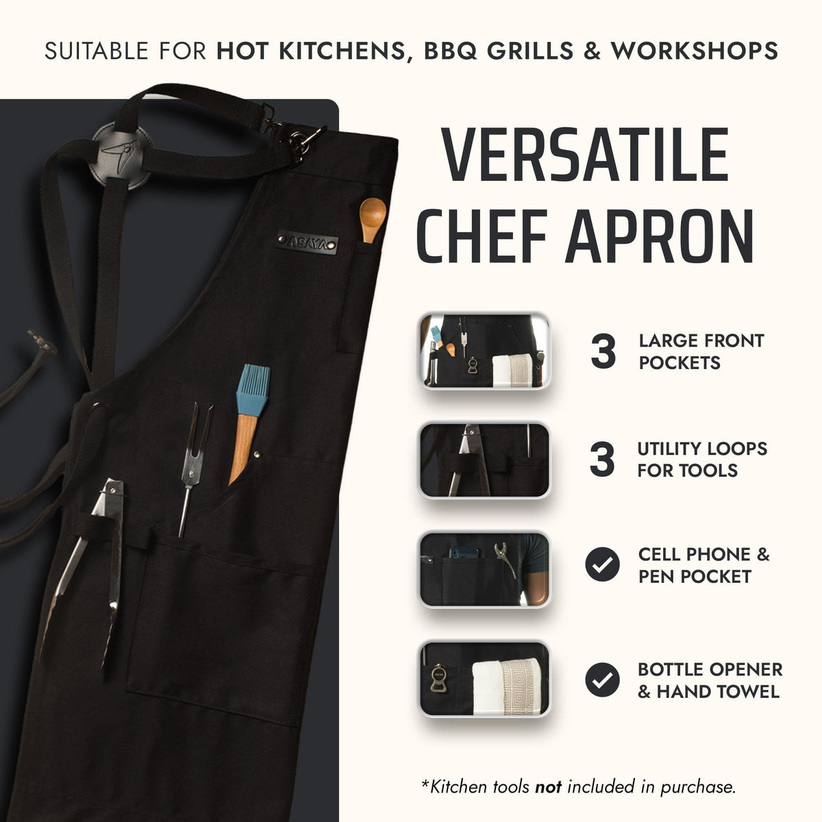 Asaya cross-back straps provide comfortable support during long grilling sessions
