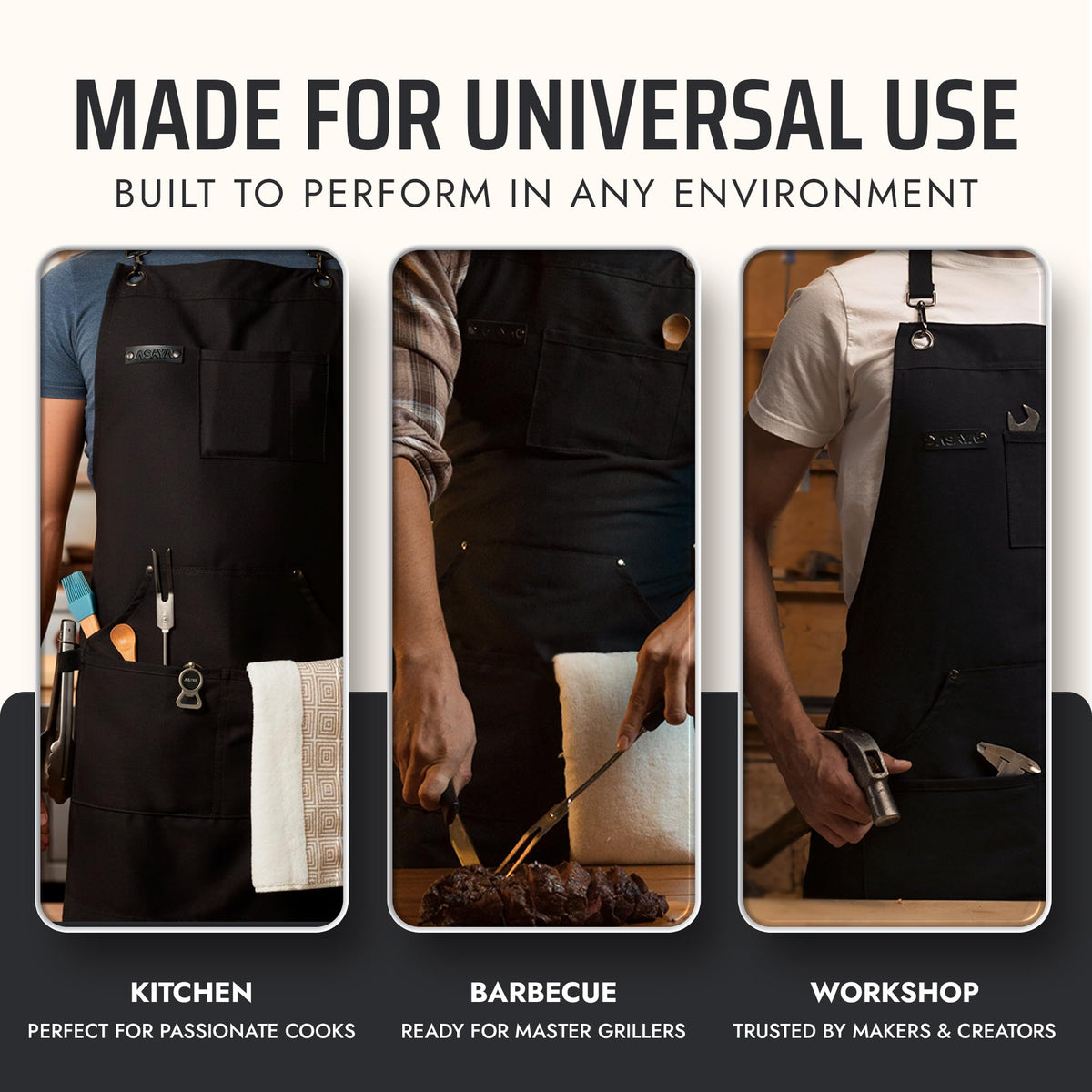 Asaya apron's durable canvas finish withstands kitchen and outdoor use