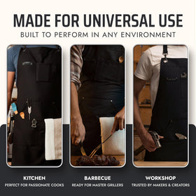 Asaya apron's durable canvas finish withstands kitchen and outdoor use