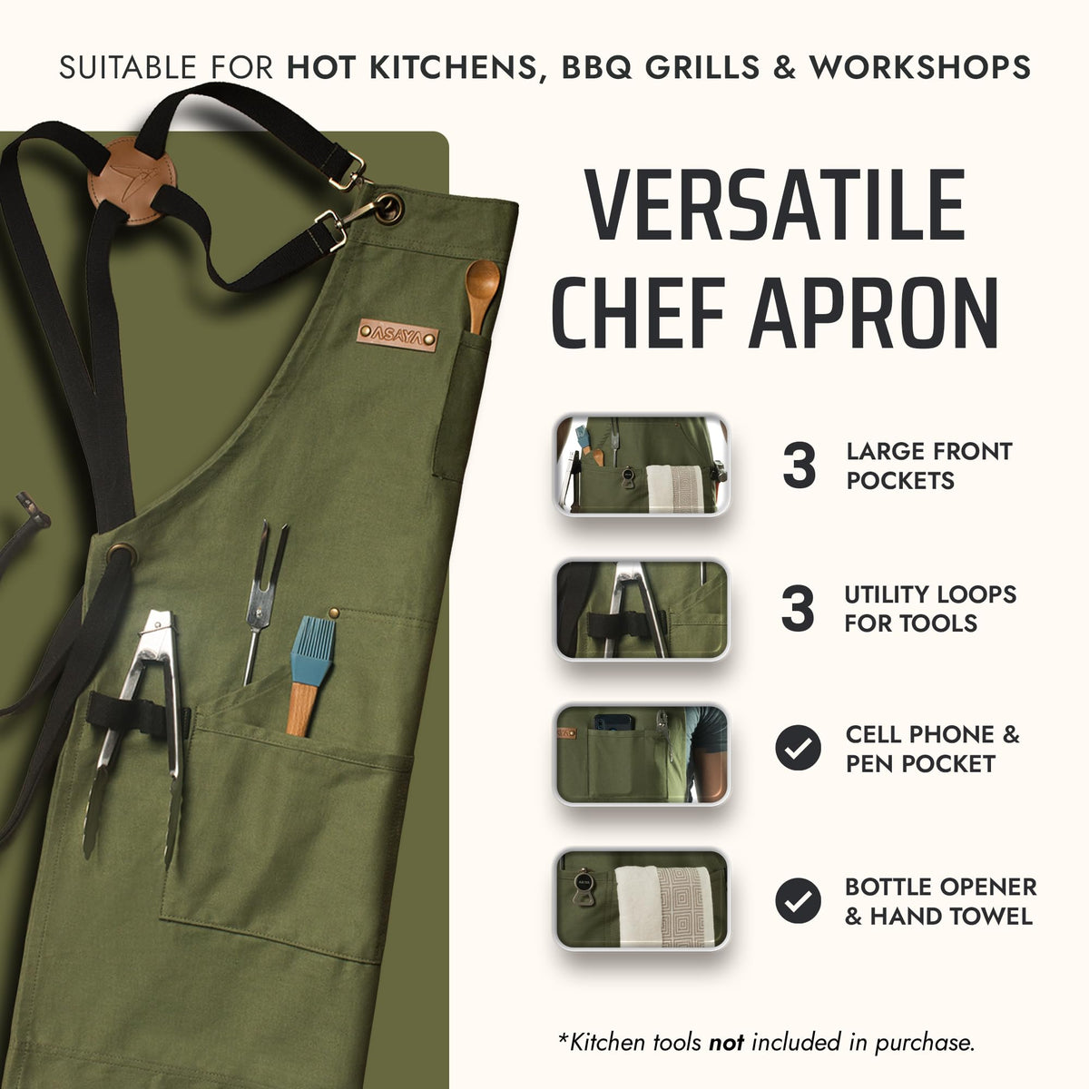 Asaya apron pockets show cellphone holder for easy access