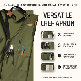 Asaya apron pockets show cellphone holder for easy access