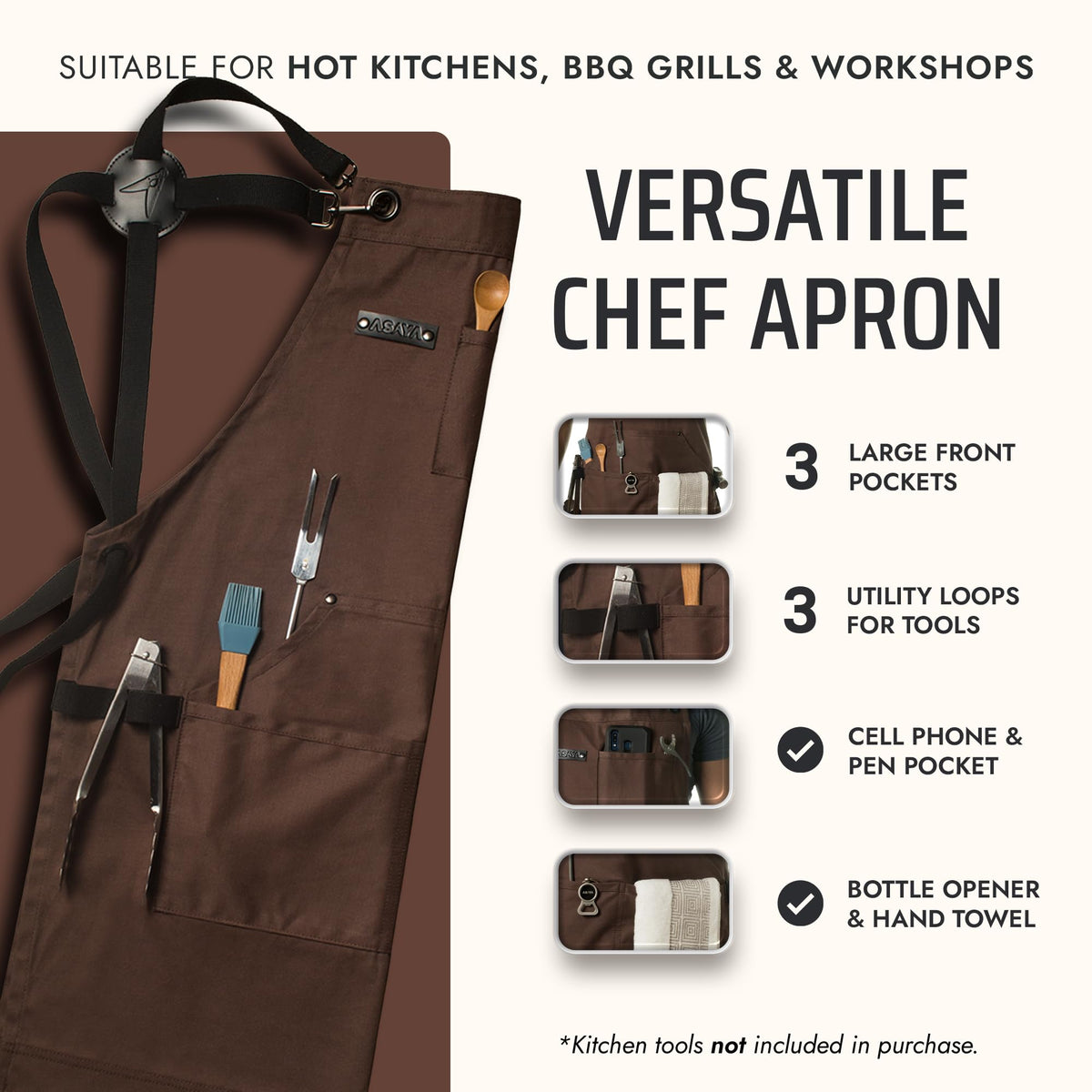 Asaya apron pockets and cellphone holder for organized cooking