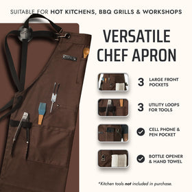 Asaya apron pockets and cellphone holder for organized cooking